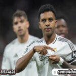 Selebrasi Rodrygo dalam laga Liga Champions antara Real Madrid vs Atletico Madrid, Rabu (5/3/2025).