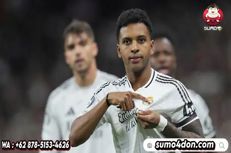 Selebrasi Rodrygo dalam laga Liga Champions antara Real Madrid vs Atletico Madrid, Rabu (5/3/2025).