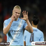Selebrasi Erling Haaland usai mencetak gol dalam laga Manchester City vs Napoli di Liga Champions 2025/2026, Jumat (19/9/2025).