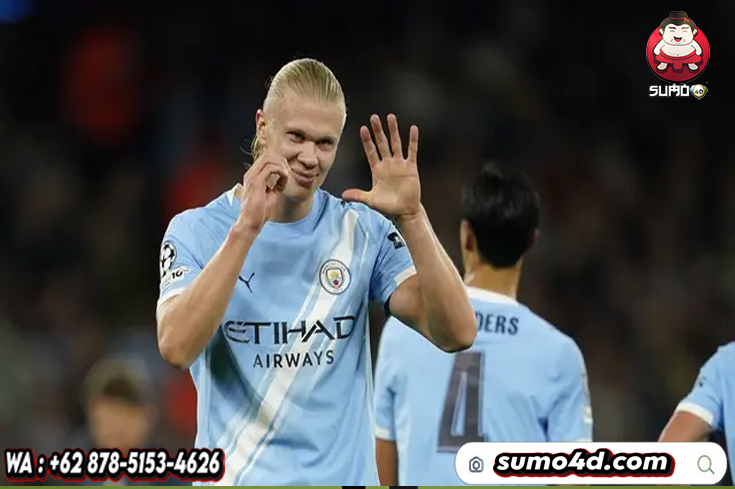 Selebrasi Erling Haaland usai mencetak gol dalam laga Manchester City vs Napoli di Liga Champions 2025/2026, Jumat (19/9/2025).
