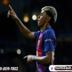 Selebrasi Lamine Yamal dalam laga Liga Champions antara Barcelona vs Olympiakos, Selasa (21/10/2025).