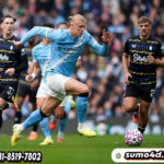 Aksi Erling Haaland di laga Manchester City vs Everton, Sabtu (18/10/2025).