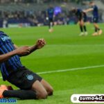 Denzel Dumfries merayakan gol dalam pertandingan Liga Champions antara Inter Milan vs Slavia Praha.