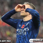 Pemain Arsenal, Leandro Trossard, merayakan gol dalam pertandingan Premier League melawan Sunderland, Minggu (9/11/2025).