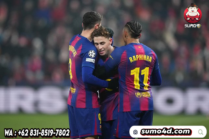Fermin Lopez merayakan gol kedua timnya dalam laga Liga Champions antara Slavia Praha vs Barcelona di Fortuna Arena, 22 Januari 2026