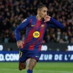 Selebrasi Raphinha usai membobol gawang Real Oviedo,