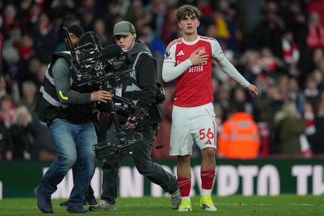 Selebrasi Max Dowman dalam laga Liga Inggris 2025/2026 antara Arsenal vs Everton, Minggu (15/3/2026).